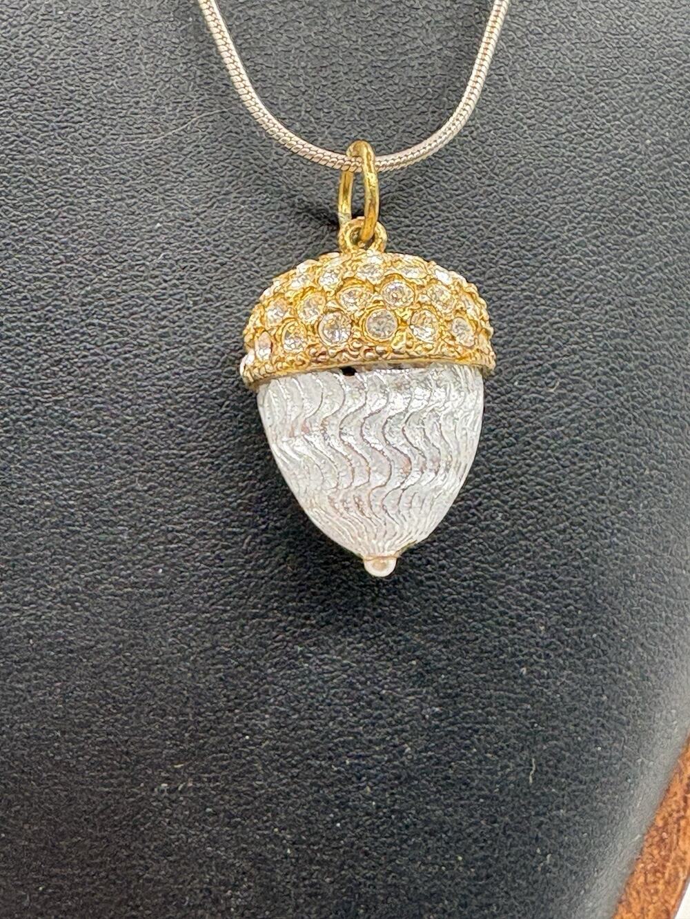 Sterling Silver Acorn Necklace Crystals Gold Tone 925 16" serpentine chain 12.4g